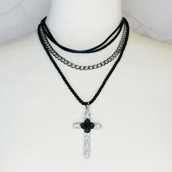 Layered Black Rose Cross Necklace