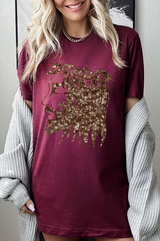 Jesus Face Gold Sequins T Shirt