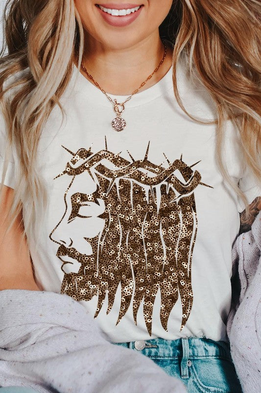 Jesus Face Gold Sequins T Shirt